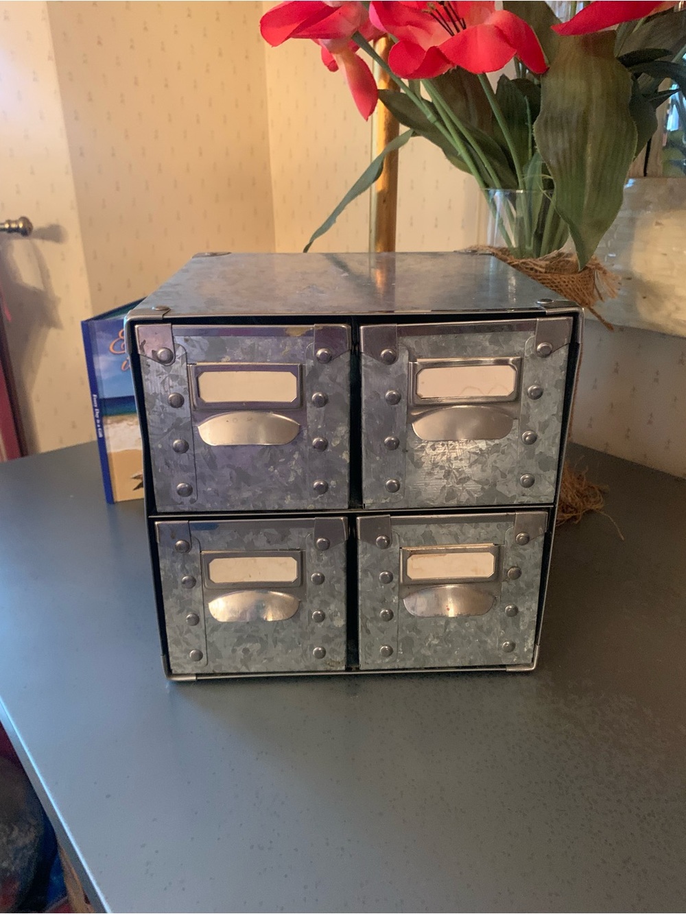 Galvanized metal desk top, inset label holders 4 drawer storage chest metal pull